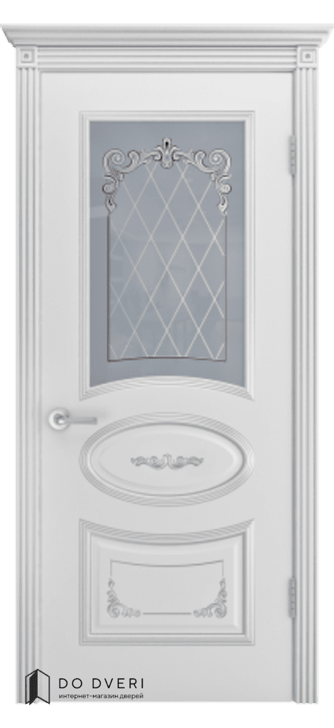 Дверь Ария грейс В3 белая патина серебро со стеклом