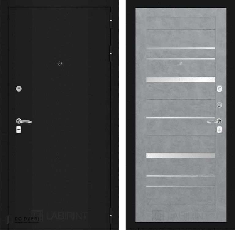Входная дверь Лабиринт CLASSIC шагрень черная 20 - Бетон светлый зеркальные вставки