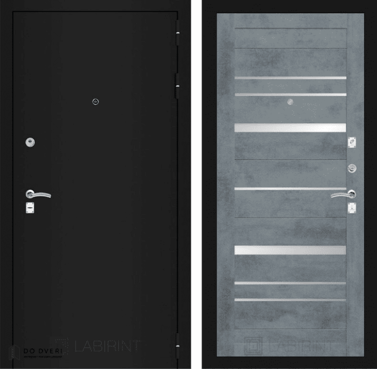 Входная дверь Лабиринт CLASSIC шагрень черная 20 - Бетон темный зеркальные вставки